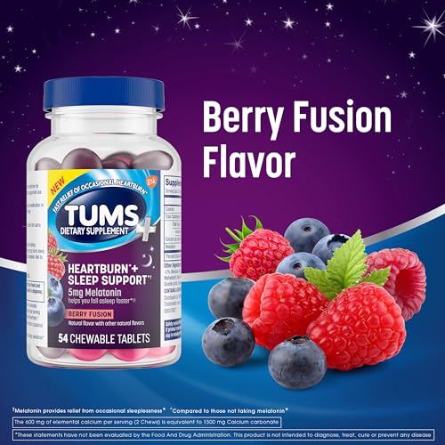 TUMS Heartburn Plus Sleep Support Chewable Dietary Supplement Tablets for Occasional Heartburn Relief Plus Sleep Support, Berry Fusion - 54 Count - Image 7
