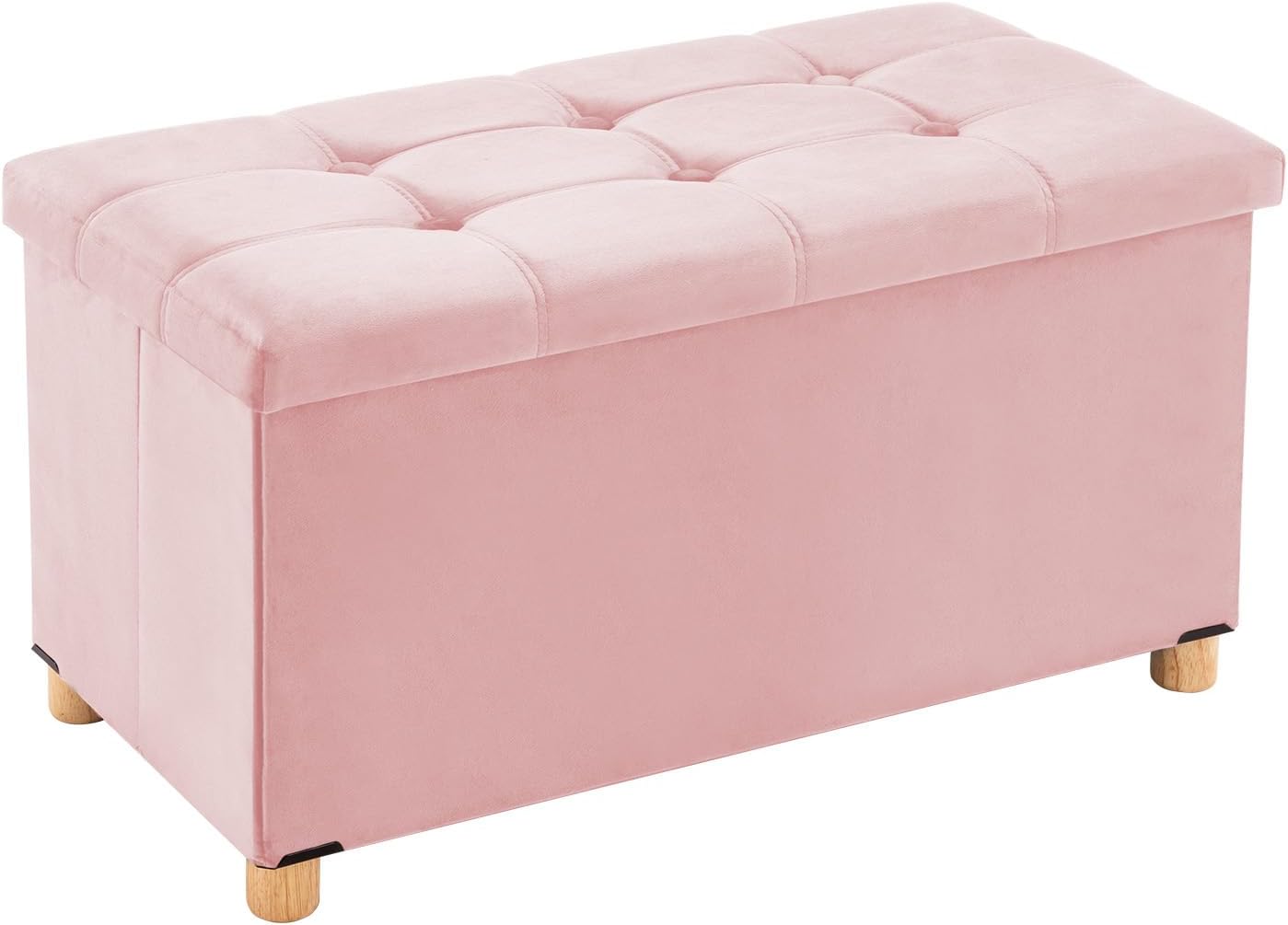 30 Inches Folding Storage Ottoman Bench, Velvet Storage Chest, Footrest Couch with Wooden Legs, Support 350lbs for Bedroom, Living Room, Hallway, Pink