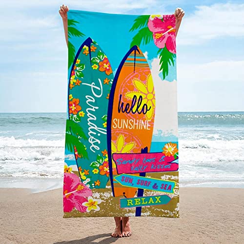Serviette de Plage Microfibre Planche de Surf Femme Homme Enfant, Drap de Plage XXL Serviette Plage Anti Sable Fleurs à Séchage Rapide Grande Serviette Plage 80x180 pour Bain, Piscine, Camping