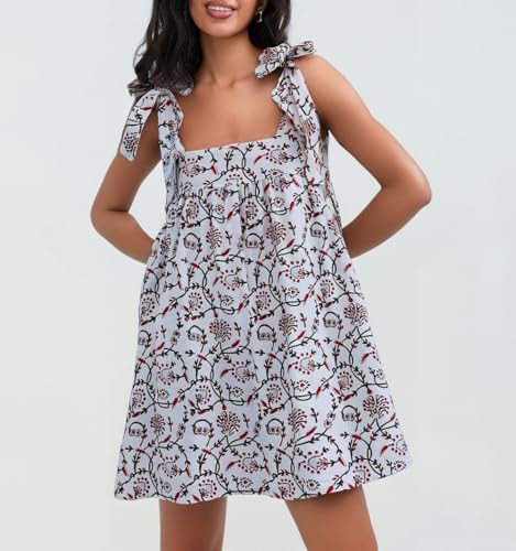 Image of Women Floral Tie Shoulder Mini Dress Cute Square Neck Loose Fit Beach Short Dress Backless Boho Vocation Sundress