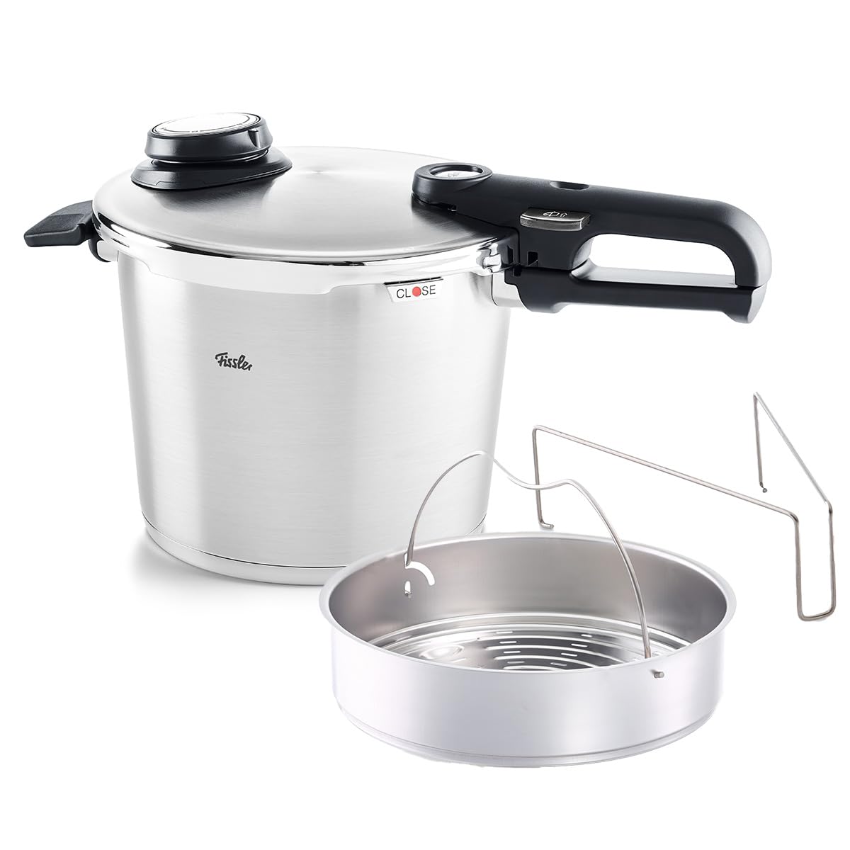 Fissler Vitavit Premium Olla a presión de 6 L y 22 cm de diámetro, acero inoxidable, 4 niveles de cocción, incluye accesorio de cocción al vapor, inducción