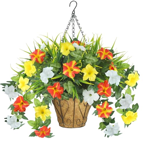 unlemoni 1 Set Artificial Hanging Petunias Flowers Baskets Outdoor,Yellow
