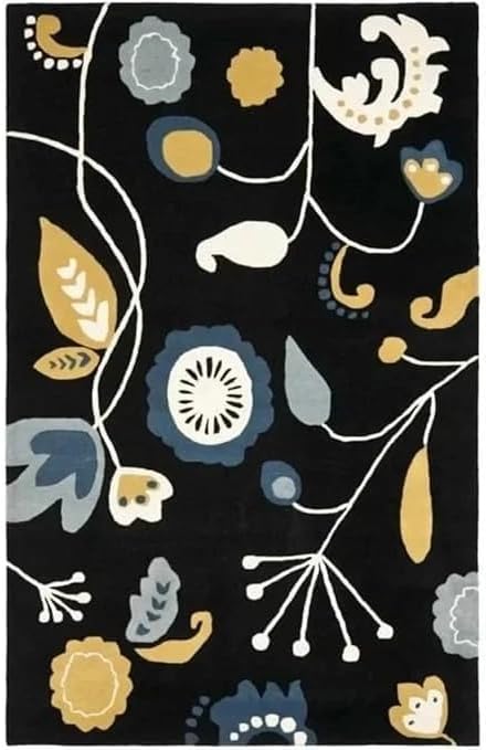 10x14 Ft Hand Tufted Wool Area Rug, Modern Abstract Floral Black Background Multicolor Design, Handmade Carpet for Living Room Bedroom Home Décor