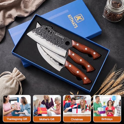 3PCS Butcher Knife Set, Razor Sharp Hand Forged Meat Cleaver & Boning Knives for Meat & Bone Cutting, Kitchen Knives for Cooking BBQ, Gift for Men & Women by KITNATS - Image 2