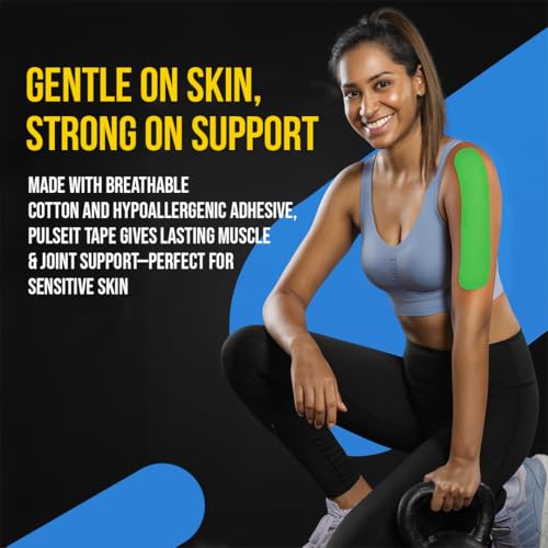 Image of PulseITSportsTape Kinesiology Tape- Waterproof & Sweatproof Sports Tape for Muscle Support, Pain Relief & Injury Recovery | Athletic Physio Tape for Knee, Shoulder, Ankle. 5cm x 5m (Plain, Green)