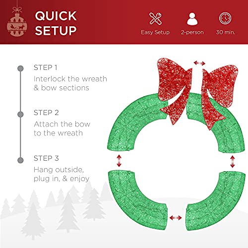 Best Choice Products 48in Pre-Lit Outdoor Christmas Wreath Decoration, LED Metal Holiday Decor for Home w/ 140 Lights, Bow - Green/Red