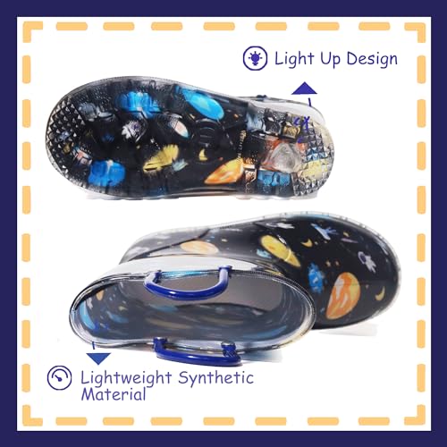 Outee Toddler Boys Rain Boots Little Kids Baby child Light Up Waterproof Rubber Shoes Cosmos Printed Mud Lightweight Adorable with Easy-On Handles Non Slip Sole blue black Size 9