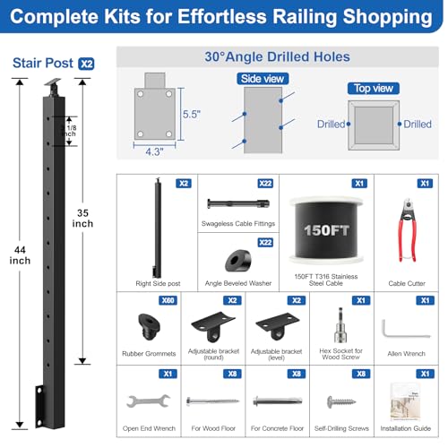 Image of 4-12ft Complete Set 36 inch Side Mount Cable Railing Post for 25-35 Degrees Stair, 2 Pack Black Right Fascia Mount Stair Post, 150ft 1 /8 inch Cable(No Handrail), Swageless Cable Railing Kit, MY10-SP