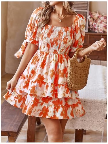 Image of Floerns Women's Floral Print Puff Sleeve Square Neck Tiered Layer Shirred Dresses