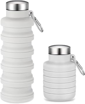 Baderke Collapsible Water Bottles 17oz Travel Sports Portable Water Bottle with Portable Buckle Silicone Lightweight Reusable Leakproof for Camping Hiking Yoga OutdoorGray White