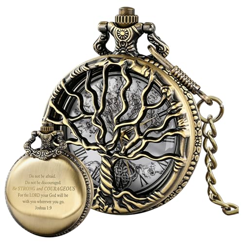 Image of Tiong Pocket Watch Hollow Tree of Life Design Roman Numerals Engraved Bible Verse Quartz Pocket Watch with Chain Custom Pocket Watch Birthday Gifts