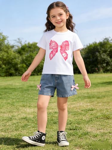 Image of Kids Toddler Girls Summer Clothes Leopard Butterfly Print T-Shirt + Belted Denim Jeans Shorts 3PCS Outfits