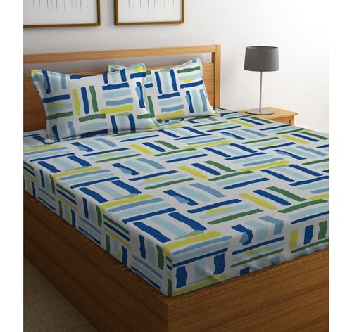 Image of Glace Cotton Printed King Size Double Bed Elastic Fitted Bedsheet with 2 Pillow Cover (Modern Line)