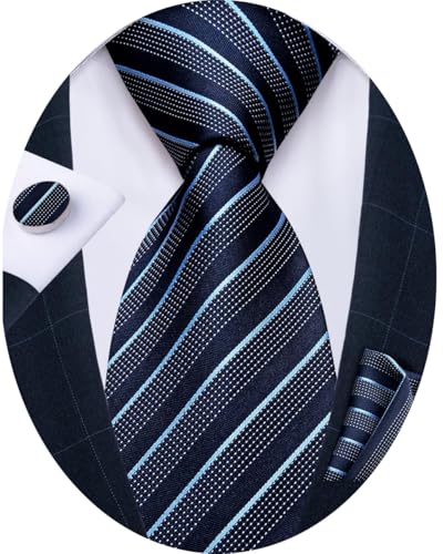 Image of DiBanGu Striped Tie Set for Men Silk Woven Plaid Necktie and Pocket Square Cufflinks Business Wedding
