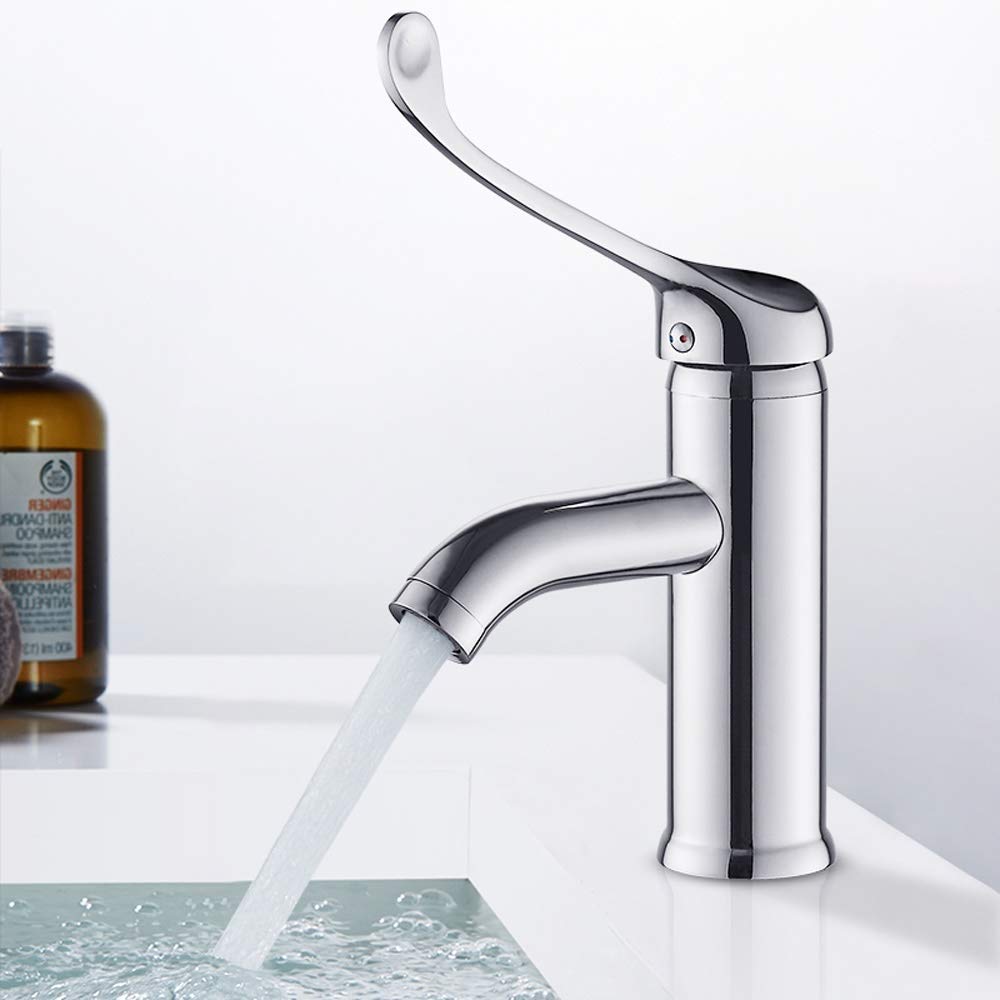 Grifo monomando para lavabo, montado en la cubierta Mesa superior e inferior Grifo mezclador para lavabo Codo de cobre Grifos de laboratorio táctiles abiertos Manija larga elevada Caliente y frío/a