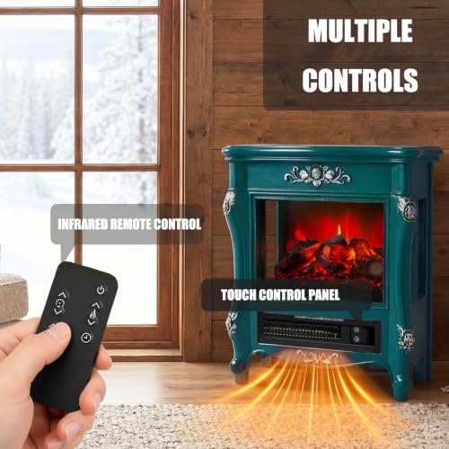 Image of FESTIVITY 18 inch Electric Stove Fireplace, 1500W Thermostat with 5100 BTU Heat Output, Adjustable Flame & Brightness Levels, Portable Electric Fireplace for Bedroom & Living Room-Teal & Silver