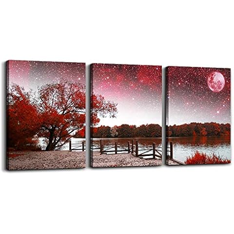 Wall Art for living room Canvas Prints bedroom Wall Decor for bathroom artwork Abstract Painting Red tree moon landscape paintings 12" x 16" 3 Pieces Modern framed office Home decorations for kitchen Cover