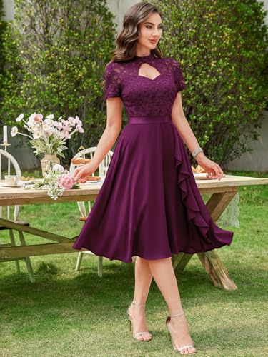 Image of Miusol Women's Vintage Half Neck Cut-Out Lace Ruffle Style Cocktail Party Dress