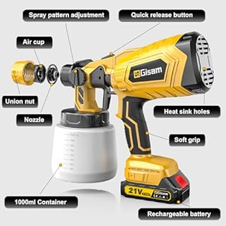 Gisam Pistola per Verniciare, Pistola Vernice a Spruzzo, Verniciatore a Spruzzo per Muri con 2 Batterie + 4 Ugelli + 1000ml Contenitore per Verniciatura di Pareti Interne & Esterne (2-Con 2 Batterie)