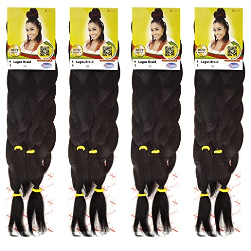 X-Pression 1B 4 PACK XPRESSION LAGOS BRAID Pre-Pulled Hair Extension , 42″ & 46″ Pack , (Colour 1B, Natural Black), 4.0 count