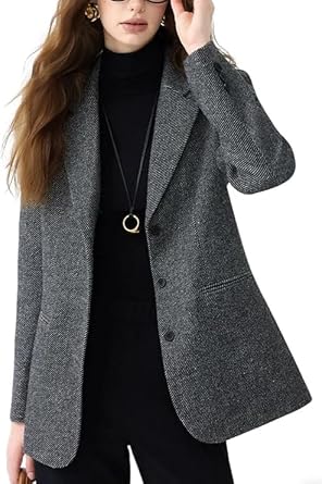 Womens Tweed Blazer Jacket Vintage Herringbone Checkered Patchwork Jacket, Office, Patch Pockets, Business Outfits for Women Gray,X-Small
