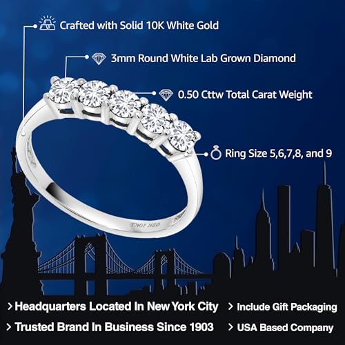 Gem Stone King 10K White Gold 3MM Round Gemstone Birthstone 5-Stone Wedding Engagement Anniversary Promise Gold Ring For Women | Available In Size 5, 6, 7, 8, 92