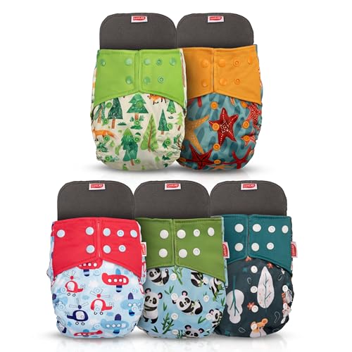 Image of LuvLap Reusable Baby Cloth Diapers Combo Pack of 5 (5 Shell + 5 Pads) Double Leak Guard, High Absorption, Stain-Proof Comfort & Protection, 3m+, Rash Free, Adjustable Waist & Height with Snap Buttons