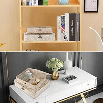 Hipiwe Set of 2 Flat Woven Wicker Storage Bins with Lid Natural Seagrass Basket Boxes Multipurpose Home Organizer Bins Boxes for Shelf Organizer (Whitewash)