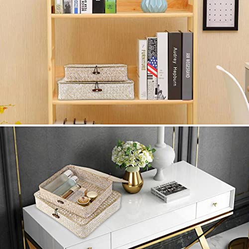 Hipiwe Set of 2 Flat Woven Wicker Storage Bins with Lid Natural Seagrass Basket Boxes Multipurpose Home Organizer Bins Boxes for Shelf Organizer (Whitewash)
