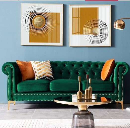 Image of Modern Sofa 5 Seater Velvet Classic Tek Wood Button Tufted 3+1+1Footrest Chesterfield Sofa for Living Room and Office (Pillows Not Included) (Green)