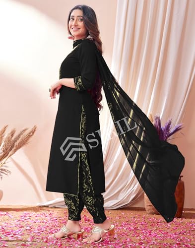 Image of SIRIL Women's Cotton Blend Embroidery Kurta Pant with Dupatta Set