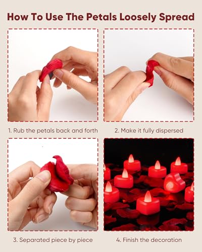 Amagic 1000 Pieces Red Artificial Rose Petals with 12 Red Heart LED Tea Lights, Rose Petals and Candles Set for Proposal, Anniversary, Romantic Night, Wedding Decor