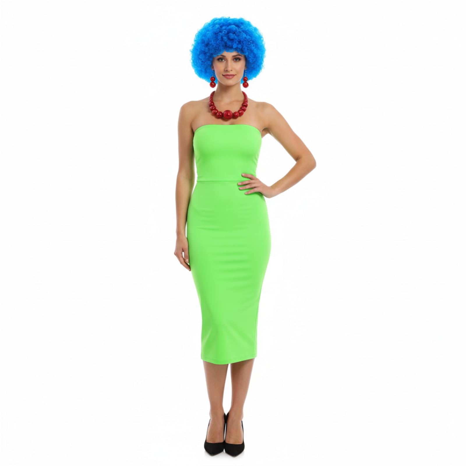 Mepase 4-teiliges Cartoon-Halloween-Kostüm-Zubehör-Set, blaue Perücke, Kleid, Schnur, Halskette, Ohrringe, Cartoon-Charakter für Damen