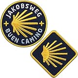 2 x Jakobsweg Aufnäher Aufbügler gestickt mit Jakobs-Muschel / Camino de Santiago Frances Portugues Norte Plata Ingles Finisterre / Patch Flicken Pilger Pilgerweg Muschel Reiseführer (Camino Set)
