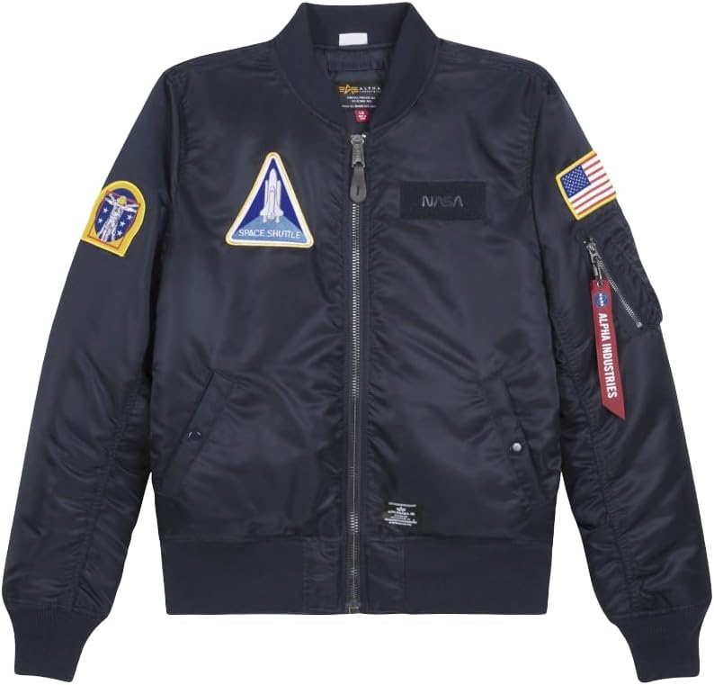 Alpha Industries NASA MA-1 Flight Jacket Gen II, Water-Resistant Bomber Jacket Space-Themed Patches, Utility Sleeve Pocket