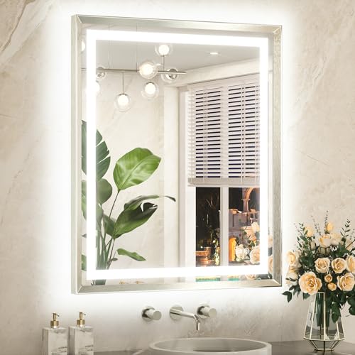 TETOTE Led Bathroom Mirror 30 x 36 with Brushed Bright Nickel Frame Anti-Fog Frontlit & Backlit Vanity Mirror Stepless Dimmable 3 Colors White/Warm/Natural Wall-Mounted