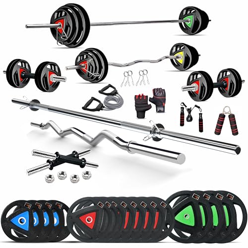 Image of DREAM FIT Rubber Coated Metal Integrated Weight Plates 90Kg Professional Home Gym Combo with 23mm 3ft curl rod, 23mm 5ft straight rod, 1 pair dumbbell rods with steel nuts and gym accessories (90kg set)