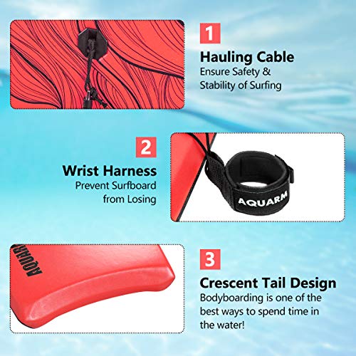 Aquarm 36 Inch Bodyboard With Premium Wrist Leash And Fin Tethers, Super Lightweight & Slick Bottom Perfect Surfing For Kids Teens And Adults (Red) #TOP1