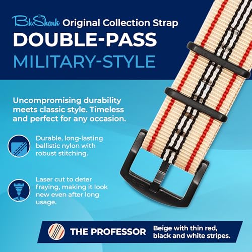 Image of BluShark - Original Collection Military-Style Waterproof Watch Strap, Fits All Timepiece Brands, Durable Nylon Wristwatch Accessories with Stainless Steel Buckle - 18mm, 20mm, 22mm & 24mm Watch Bands