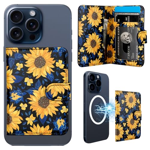 Portefeuille magnétique en cuir à béquille réglable et motif floral tournesols pour iPhone