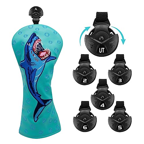 Shark Golf Hybrid Rescue Head Cover Headcover White Leather Golf Club Covers For Hybrids, Rotatable #2 3 4 5 6 Ut Hybrid Head Cover For Men Golfer Golf Gift #TOP3