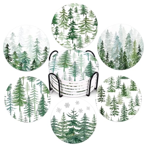 Whaline 6 Pcs Christmas Coasters Cup Mat with Metal Holder