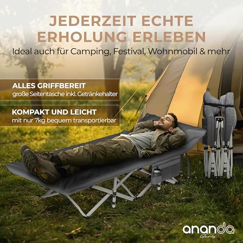 Ananda Goods® Feldbett klappbar mit Matratze – Campingbett & Gästebett faltbar, Reisebett Erwachsene, Klappbett/Campingliege 190x70cm – bis 200KG, mit gemütlicher Matratze & Bettlaken