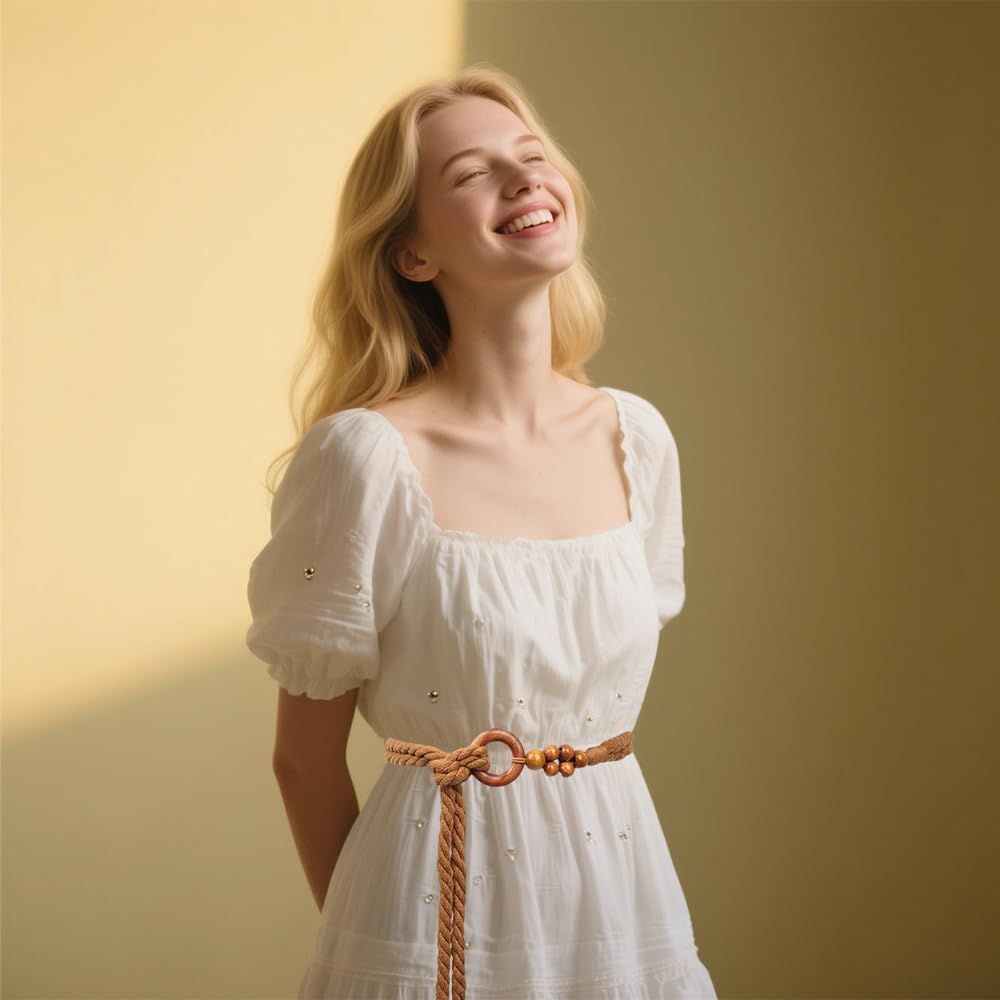 Women Tassel Braided Waist Belt Boho Thin Belts Skinny Woven Belt With Wooden Beads For Dresses Skirts Tunics - Image 4