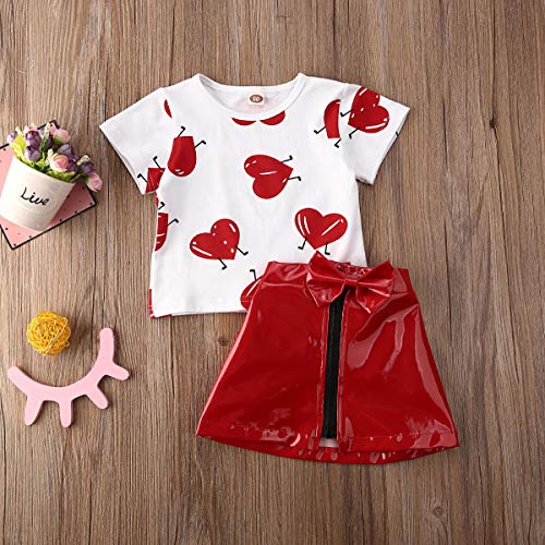 Infant Toddler Baby Girl Valentines Day Outfits Short Sleeve Heart T Shirt Top PU Leather Mini Skrits Clothes Set(Love Heart Top+Red Leather Skirt, 1-2 Years)