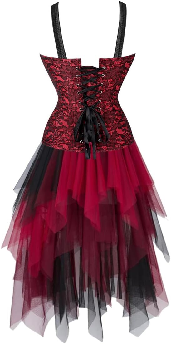 Jutrisujo Black Corset Dress Multi Layer Skirt Tulle Set Tops for Women Bustier Strap Zipper Gothic Vest Plus Size