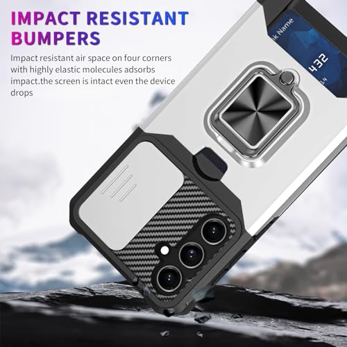 Image of LuxuryKase Shockproof Armor Case for Samsung Galaxy S26 | Slide Camera Cover | Hidden Card Slot | Rotating Ring Kickstand | Magnetic Car Mount Support | Military Grade Protection - White