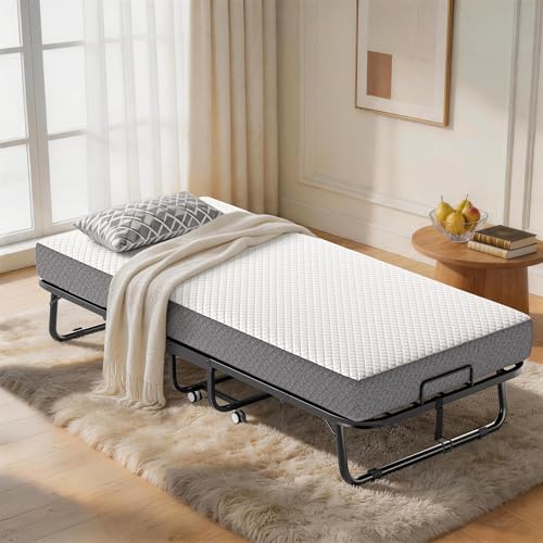 Decofy Folding Bed with Memory Foam Mattress, Portable Rollaway Guest Beds on Wheels, 75