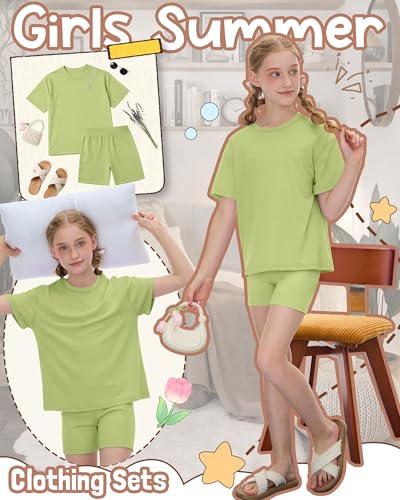Image of Oakgarden Summer Outfits for Girls 5-14Y Athletic Casual Sets Kid Short Sleeve Shirt Bike Shorts 2 Piece Tween Trendy Clothes