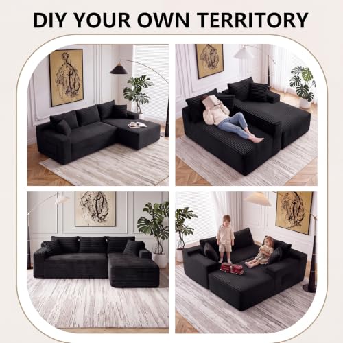 Image of 94.5 inch L Shaped Boneless Sectional Corduroy Couches for Living Room (Black)